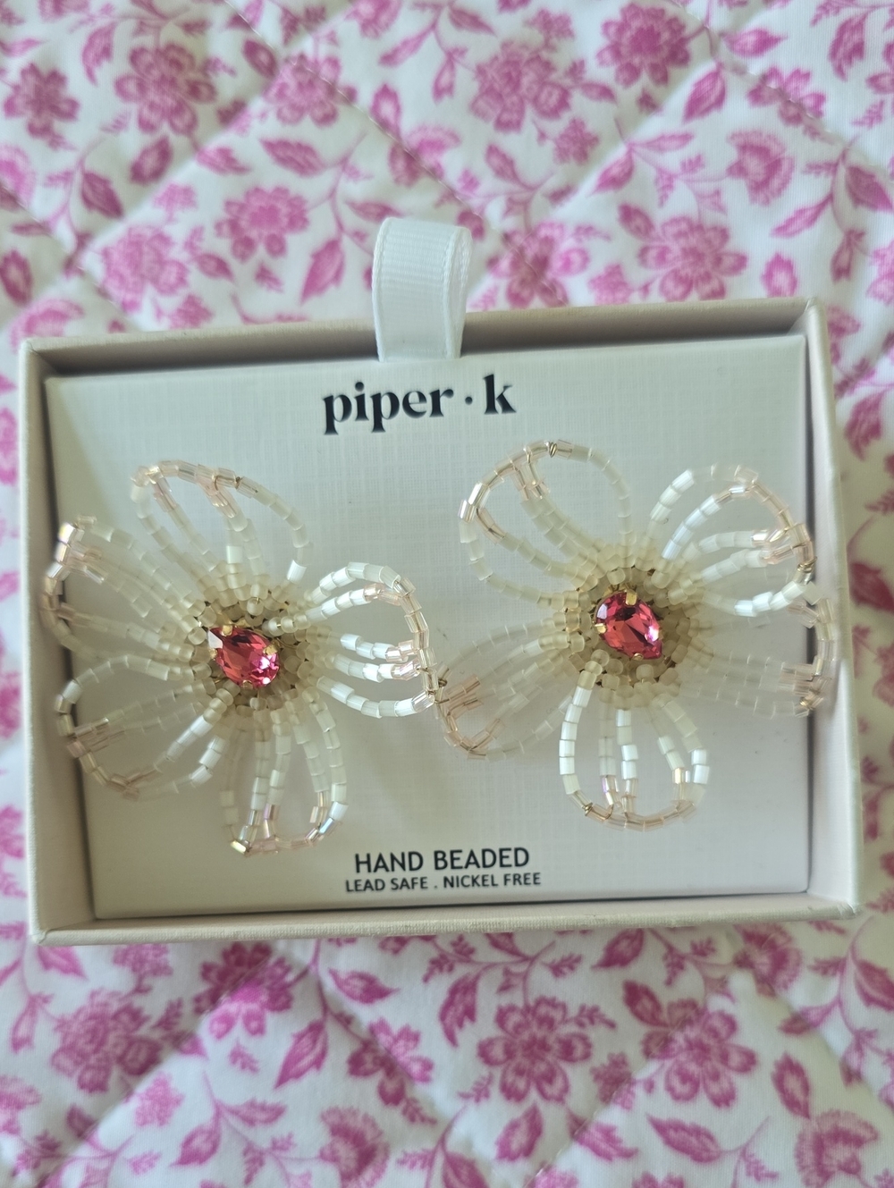 Piper Hand-Beaded White Flower Hair Clips with Pink Crystal Centers